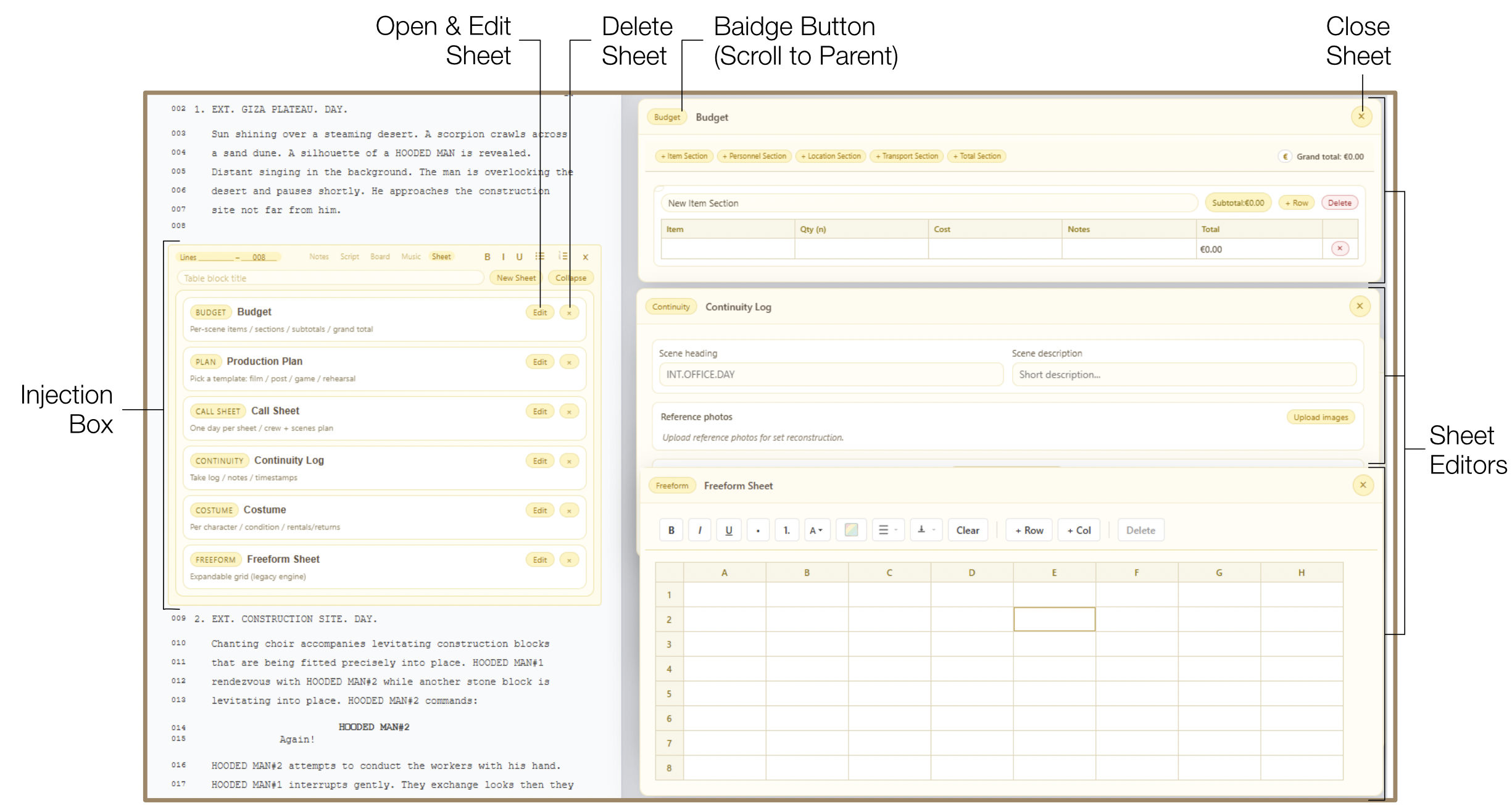 Sheet injection popped out with editor and sheet list visible